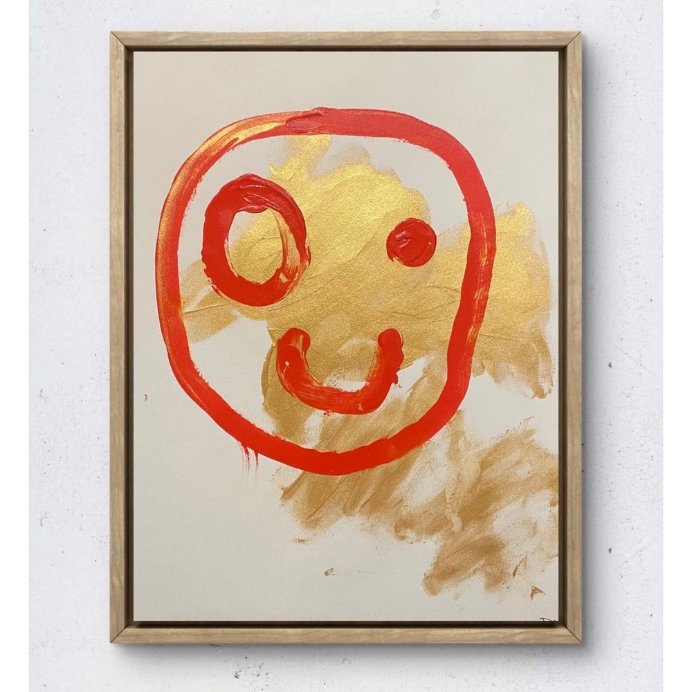 Pop Art Smiley Face Original Painting 11x14 Mixed Media Gold Red Abstract Decor